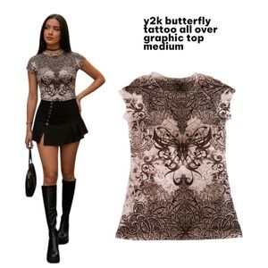 Y2K butterfly tattoo all over graphic grunge T-shirt top medium